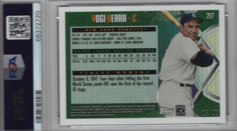 Yogi Berra 2022 Finest Flashbacks Black Refractor # 217 PSA 10 HOF 1972 Pop 2 view 2
