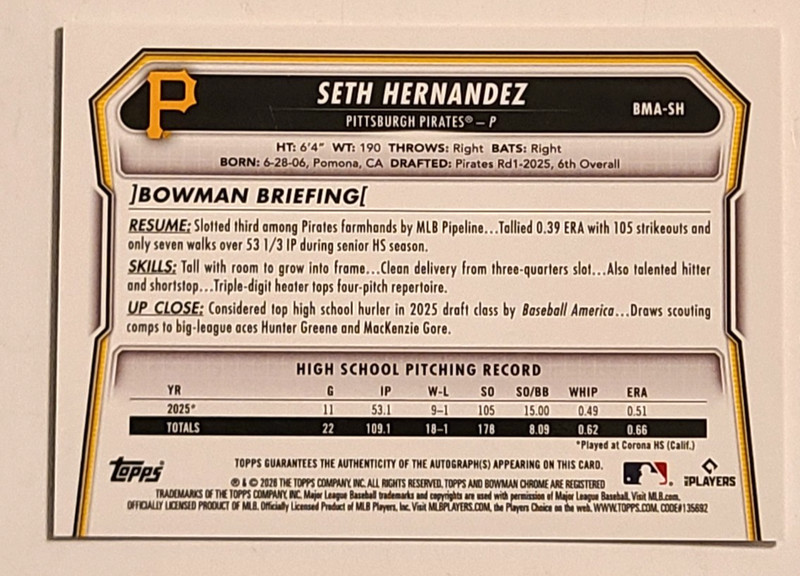 2026 Bowman Chrome Seth Hernandez Mojo Refractor Auto Pirates view 2