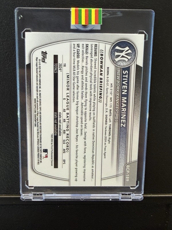 Topps 2025 Bowman Chrome Prospects Stiven Marinez #BCP-189 Yankees Green 06/99 view 2