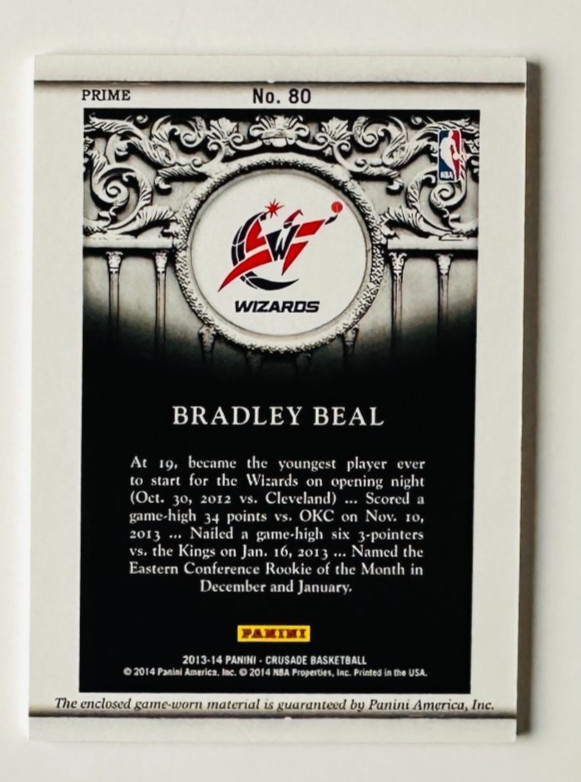 2013-14 Panini Crusade Bradley Beal Game Used Jersey PATCH Card SP #/25 Wizards! view 2