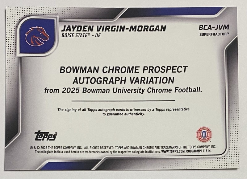 2025 Bowman Chrome Jayden Virgin-Morgan Superfractor Auto RC #1/1 Boise State view 2