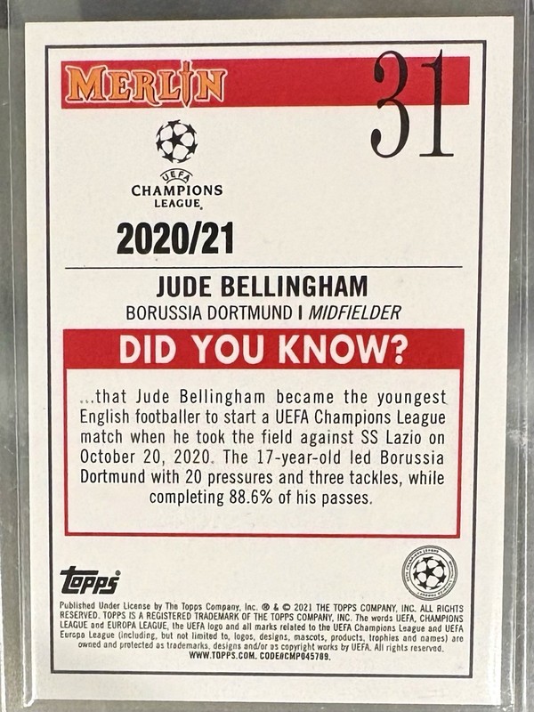 2020-21 Topps Merlin Jude Bellingham RC Aqua Prism Refractor World Cup England view 2
