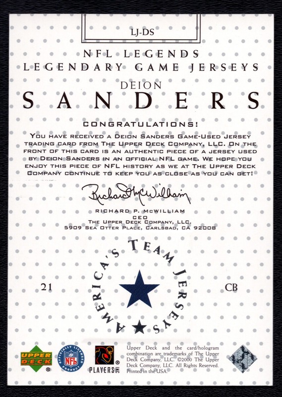 Deion Sanders 2000 Legends Legendary Game Jerseys GAME USED Relic LJ-DS Cowboys view 2