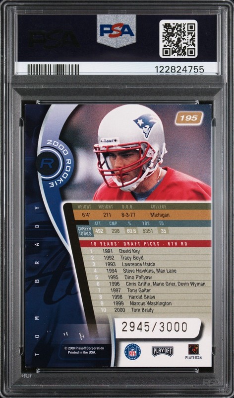 2000 PLAYOFF ABSOLUTE #195 TOM BRADY RC PATRIOTS #/3000 PSA 7 view 2