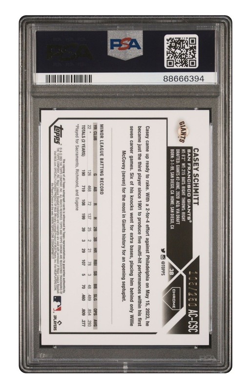 2023 Topps Chrome Update Casey Schmitt Purple Rookie Auto /250 PSA 10 RC Giants view 2