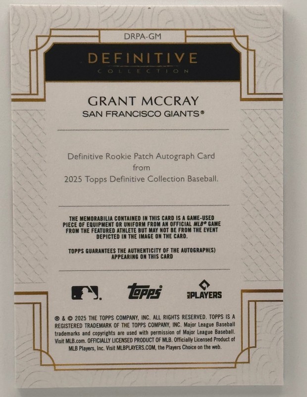 2025 Topps Definitive Collection Grant McCray Rookie Patch Auto Red /5 Giants view 2