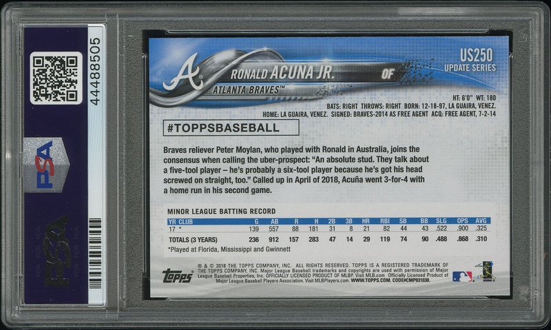 2018 Topps Update RONALD ACUNA JR. RED BLUE SHIRT ROOKIE SP #US250 PSA 10 BRAVES view 2