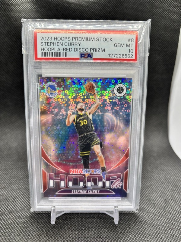 2023-24 Hoops Premium Stephen Curry Hoopla Red Disco /99 PSA 10 - Golden State view 2