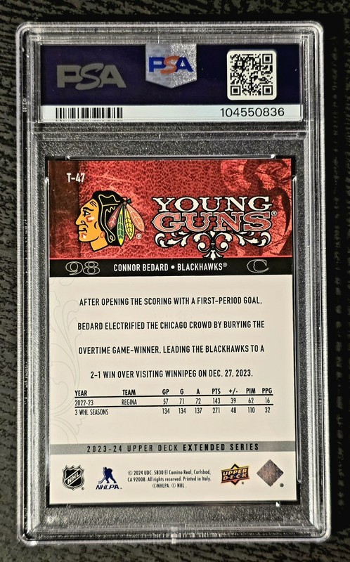 2023-24 Upper Deck Extended Series 08-09 Retro Young Guns Connor Bedard PSA 8 view 2