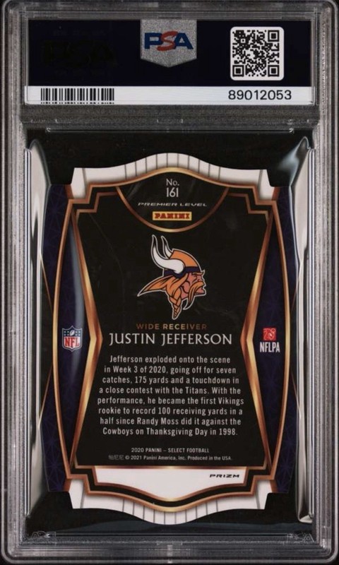 Panini 2020 Select Premier Level Justin Jefferson Vikings #161 RC PSA 10 view 2