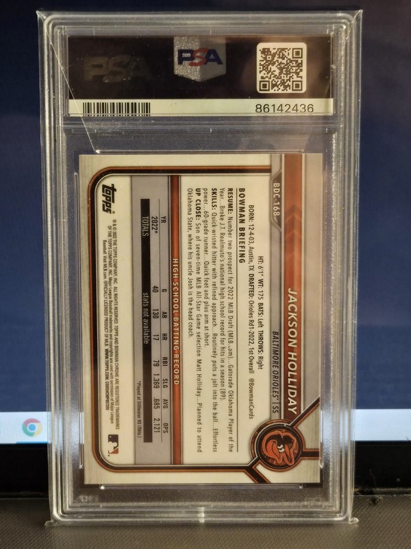 JACKSON HOLLIDAY ROOKIE CARD 2022 BOWMAN DRAFT  CHROME #BDC-168 PSA 10 RC view 2