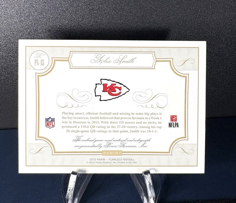 2015 Alex Smith Flawless AUTO "GAME-USED* Nice PATCH Sapphire Blue #/20 view 2