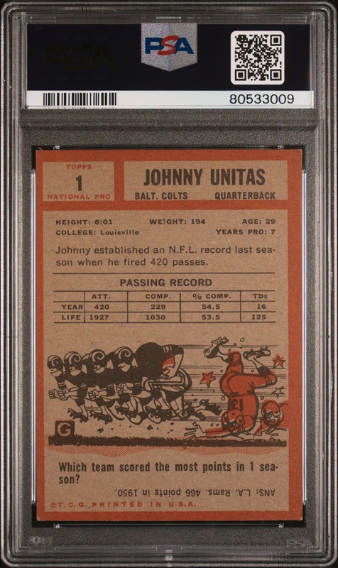 1962 Topps Johnny Unitas PSA 3 VG HOF #1 Football Card view 2