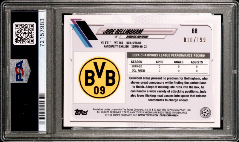 2020 Topps Chrome X Aoki Neon Future #10 /199 Jude Bellingham Rookie #68 PSA 10 view 2