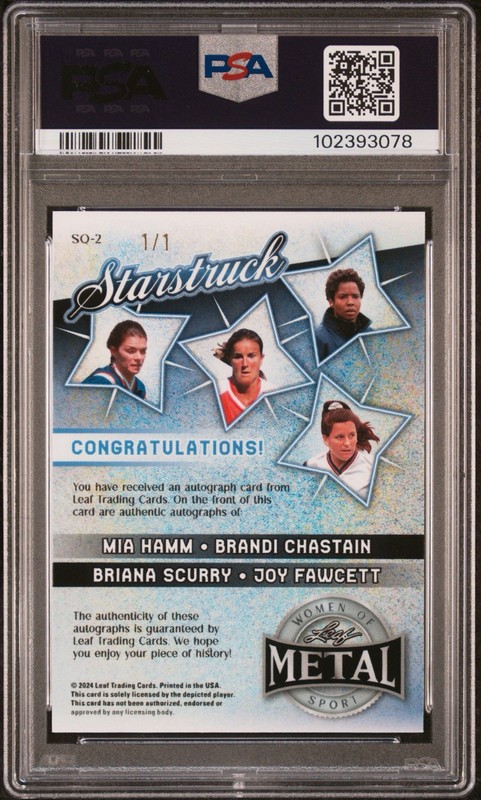 2024 Leaf Metal Quad Auto Hamm Chastain Scurry Fawcett USWNT GOLD 1/1 PSA 9 view 2