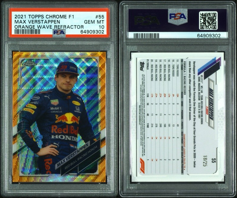 Max Verstappen 2021 Topps Chrome F1 Orange Wave Refractor /25 #55 PSA 10