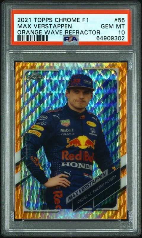 Max Verstappen 2021 Topps Chrome F1 Orange Wave Refractor /25 #55 PSA 10 view 2