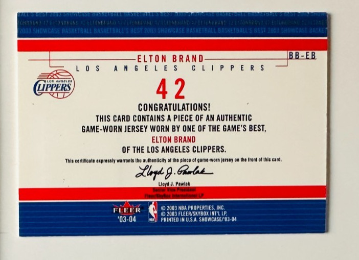 2003-04 Fleer Showcase Elton Brand Game Used Jersey Card Clippers Legend! view 2