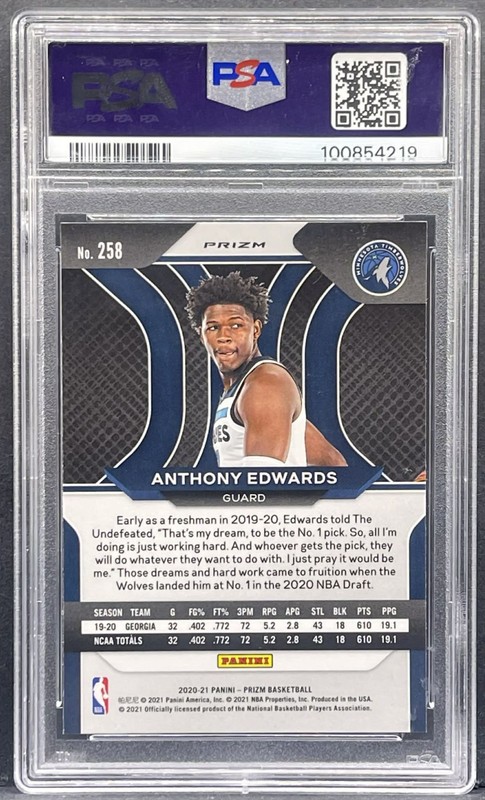 2020-21 Panini Prizm Anthony Edwards Red/White/Blue Rookie RC #258 PSA 10 GEM MT view 2