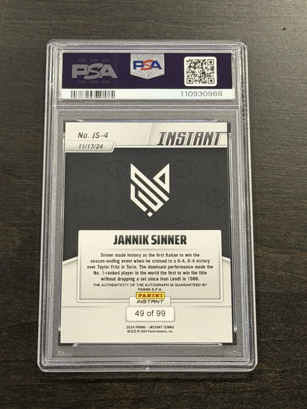 2024 Panini Instant JANNIK SINNER Auto Autograph Rookie Card RC /99 Gem PSA 10 view 2