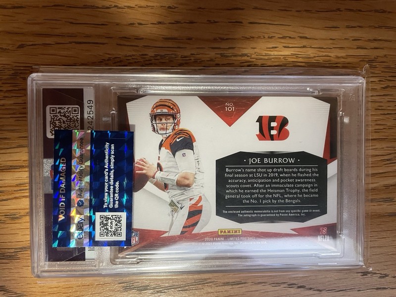 2020 Panini Limited - Rookie Patch Autographs Joe Burrow #101 PSA view 2