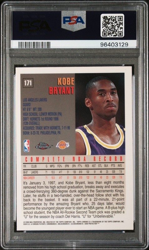 1997 Topps Chrome Kobe Bryant #171 PSA 9 MINT Los Angeles Lakers HOF view 2