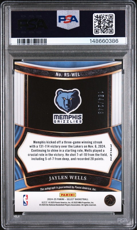 2024 Select Jaylen Wells #Rs-Wel ROOKIE SIGNATURE AUTO #/249 Grizzlies PSA 9 view 2