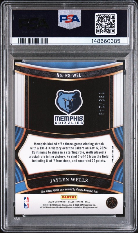 2024 Select Jaylen Wells #Rs-Wel ROOKIE SIGNATURE AUTO #/249 Grizzlies PSA 9 view 2