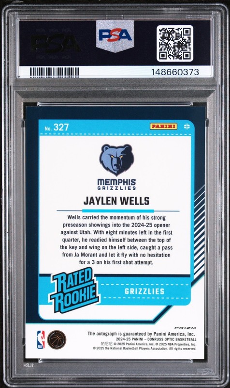 2024 Optic Jaylen Wells SIGNATURE HOLO ROOKIE CARD AUTO #327 Grizzlies PSA 9  view 2