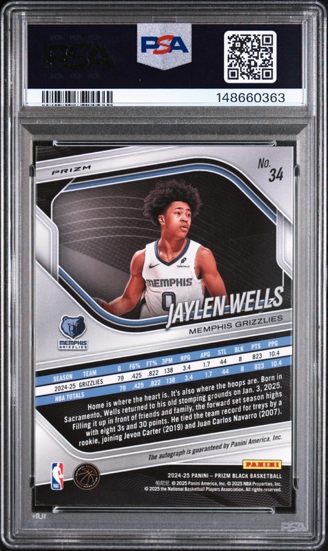 2024 Prizm Black Jaylen Wells AUTOGRAPH SILVER ROOKIE CARD #34 Grizzlies PSA 10 view 2