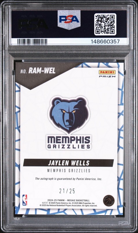 2024 Mosaic Jaylen Wells AUTOGRAPH ROOKIE CARD BLUE SPECTRIS /25 Grizzlies PSA 9 view 2