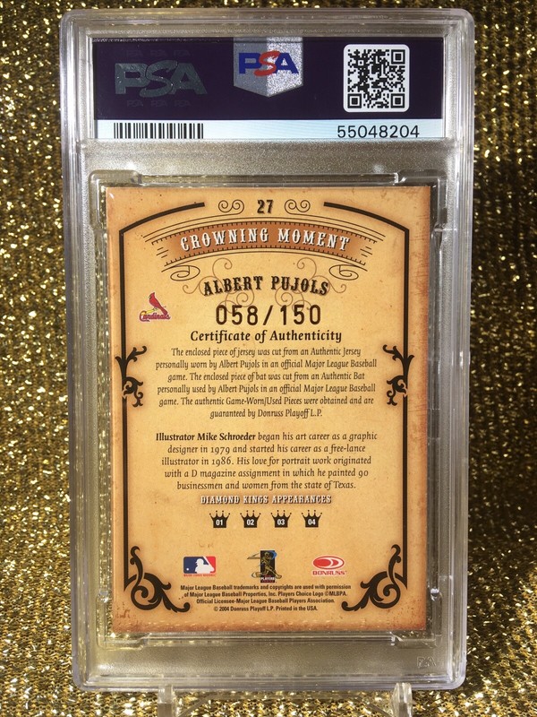Albert Pujols 2004 Donruss diamond kings MLB Game used worn bat jersey patch PSA view 2