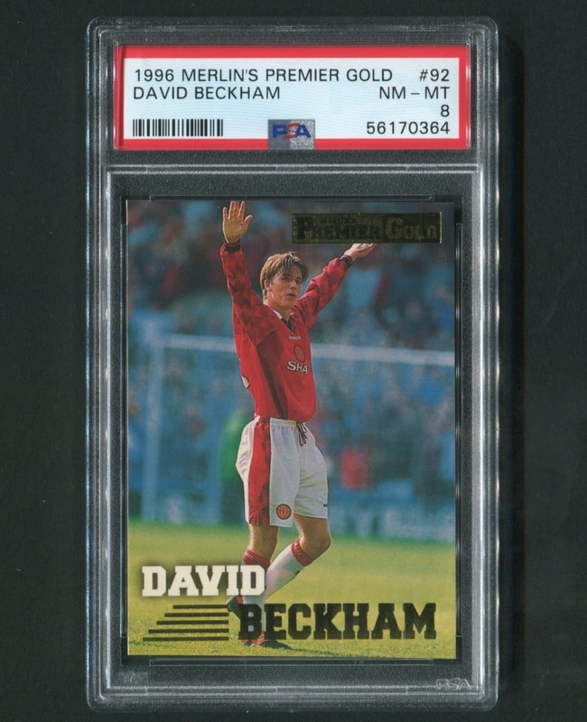 DAVID BECKHAM 1996-97 Merlin Premier Gold Soccer Rookie RC Card #92 Graded PSA 8