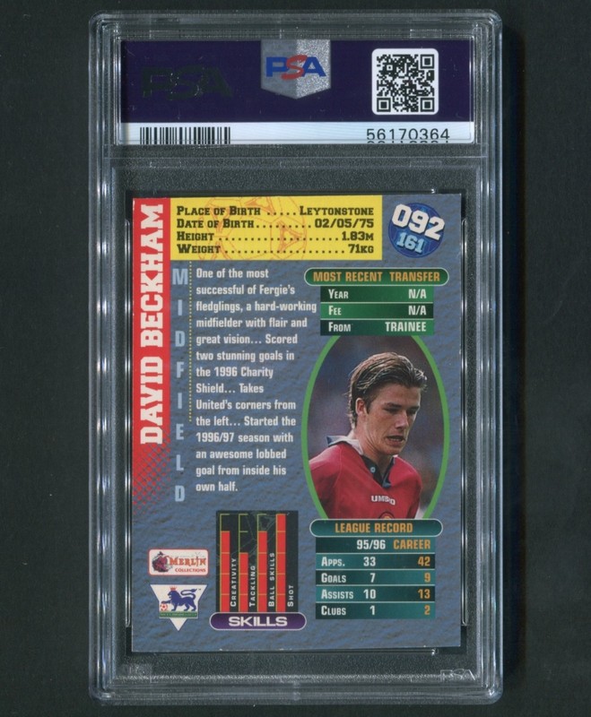 DAVID BECKHAM 1996-97 Merlin Premier Gold Soccer Rookie RC Card #92 Graded PSA 8 view 2