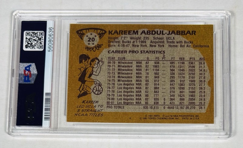 1981 Topps Kareem Abdul-Jabbar #20 PSA 6 Basketball Card HOF Lakers Vintage view 2