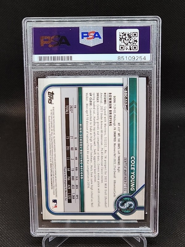 Cole Young Signed Auto 2022 Bowman Draft Chrome PSA/DNA BDC-112 Mariners Qty view 2