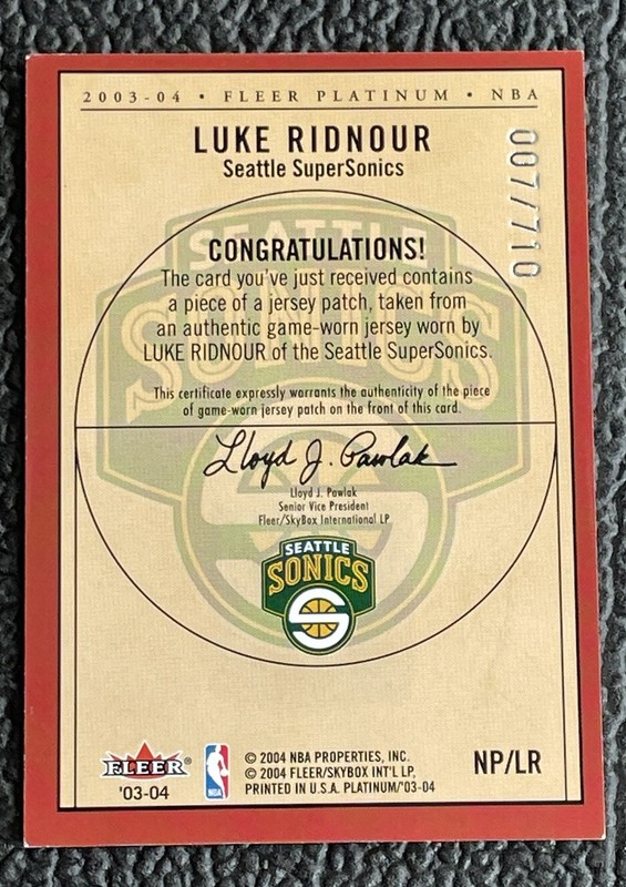 🔥LUKE RIDNOUR 2003 FLEER PLATINUM GAME USED NBA LOGOMAN JERSEY /710!🔥SONICS view 2