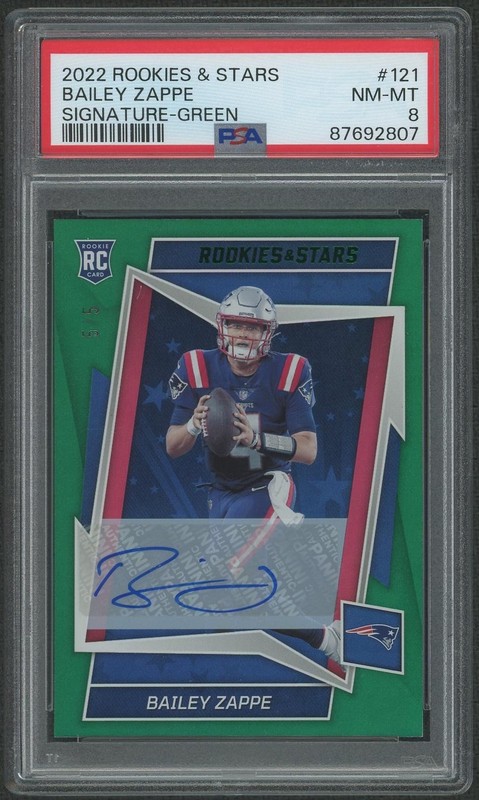 2022 Rookies and Stars Football #121 Bailey Zappe Green Rookie Auto #5/5 PSA 8
