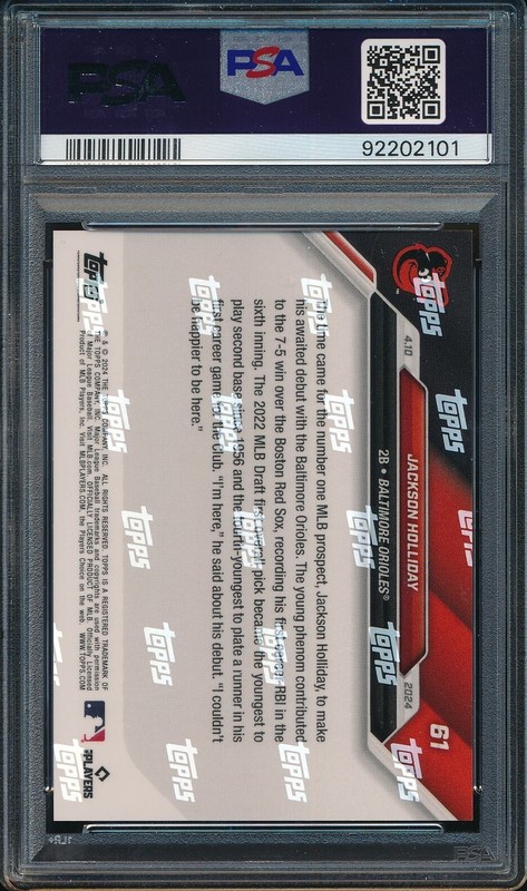2024 Topps Now #61 Jackson Holliday PSA 10 Rookie RC Baltimore Orioles view 2