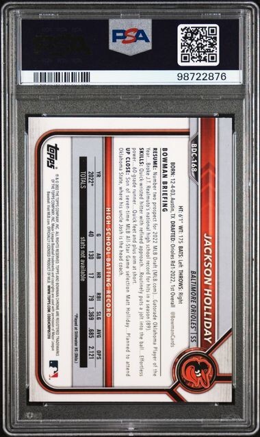 2022 Bowman Draft Chrome Jackson Holliday Sky Blue Refractor #BDC168 PSA 9 view 2