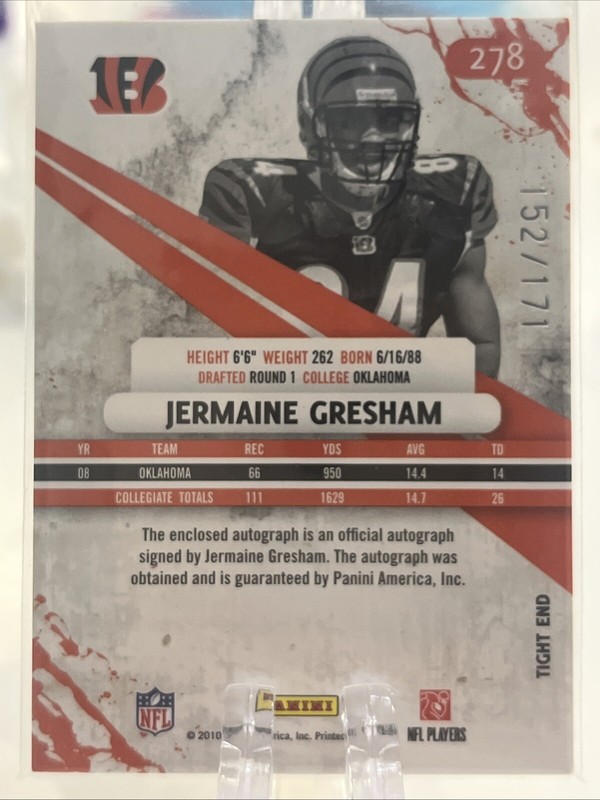 2010 Panini Jermaine Gresham RPA Rookie Patch Auto 152/171 Cincinnati Bengals view 2
