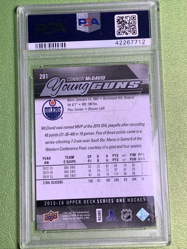 2015  Upper Deck PSA 10 Connor McDavid Young Guns #201 RC S view 2