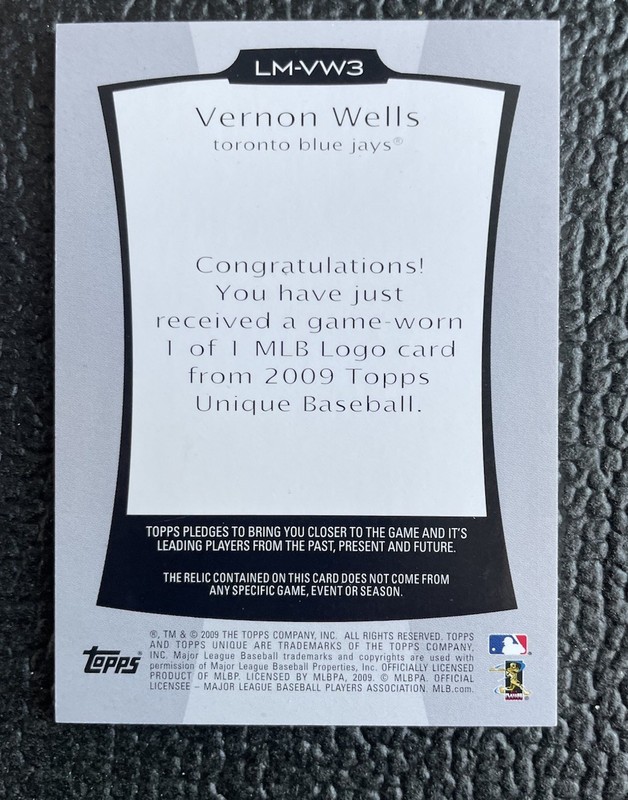 🔥1/1! VERNON WELLS 2009 TU GAME USED MLB LOGOMAN PATCH #'D 1/1!🔥BLUE JAYS! view 2