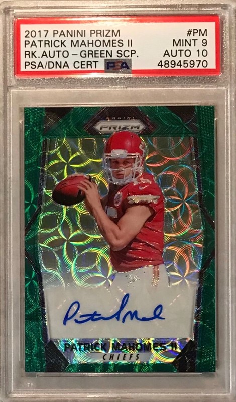 2017 Panini Prizm Patrick Mahomes Auto #15/99 JSY# Green Scope RC PSA 9/10 POP 4 view 2