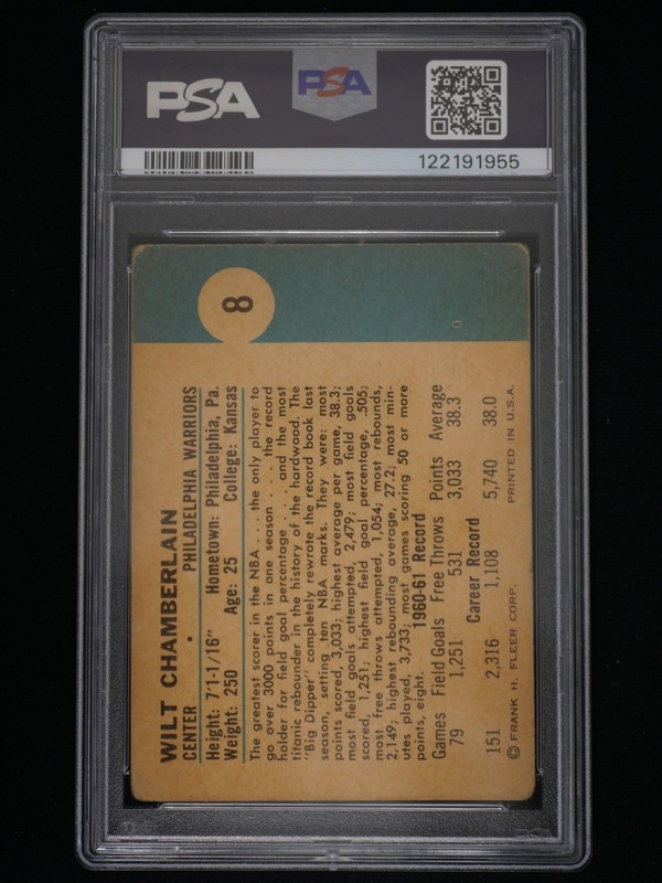 1961-62 Fleer #8 Wilt Chamberlain PSA Authentic view 2