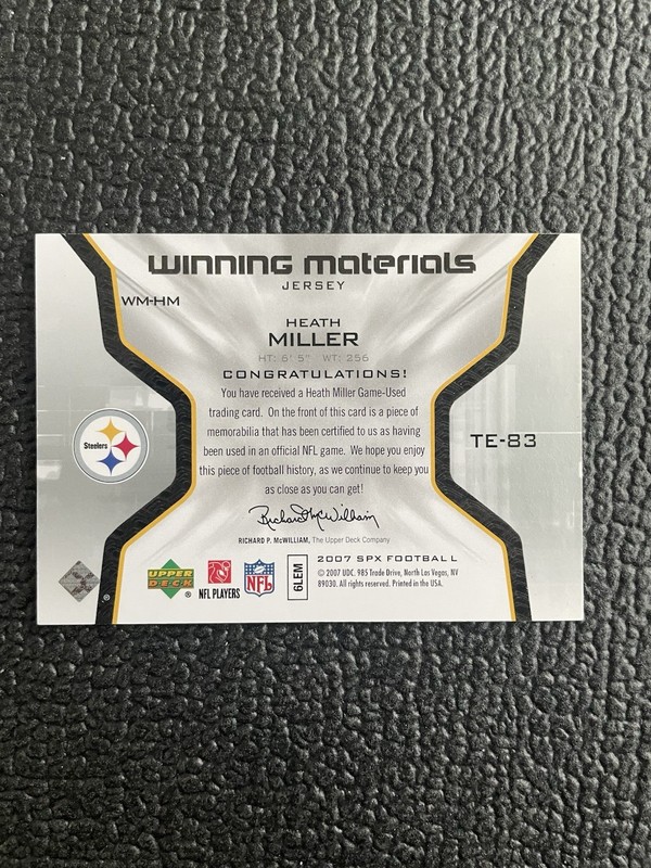 🔥HEATH MILLER 2007 SPX FOOTBALL GAME USED JERSEY REFRACTOR CARD!🔥STEELERS! view 2