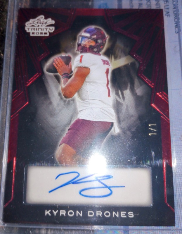 KYRON DRONES 2025 LEAF TRINITY FOOTBALL #ED 1/1 AUTO Virginia Tech Hokies view 2