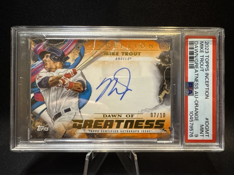 2023 Topps Inception Mike Trout Dawn of Greatness Auto Orange /10 PSA 9 On Card