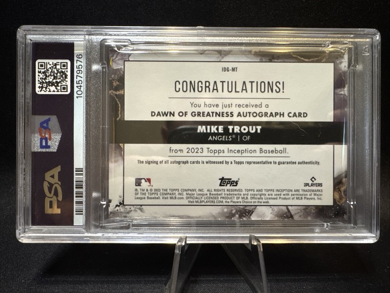2023 Topps Inception Mike Trout Dawn of Greatness Auto Orange /10 PSA 9 On Card view 2