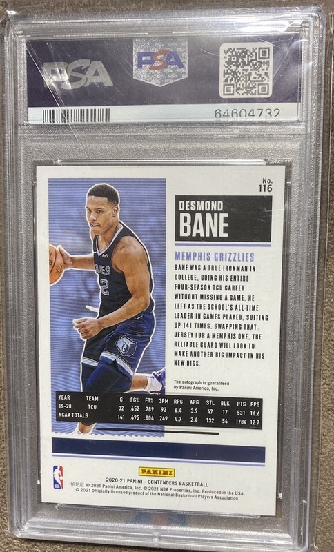 Desmond Bane 2020 Contenders Rookie Ticket Auto PSA 10 GEM 💎 RC view 2